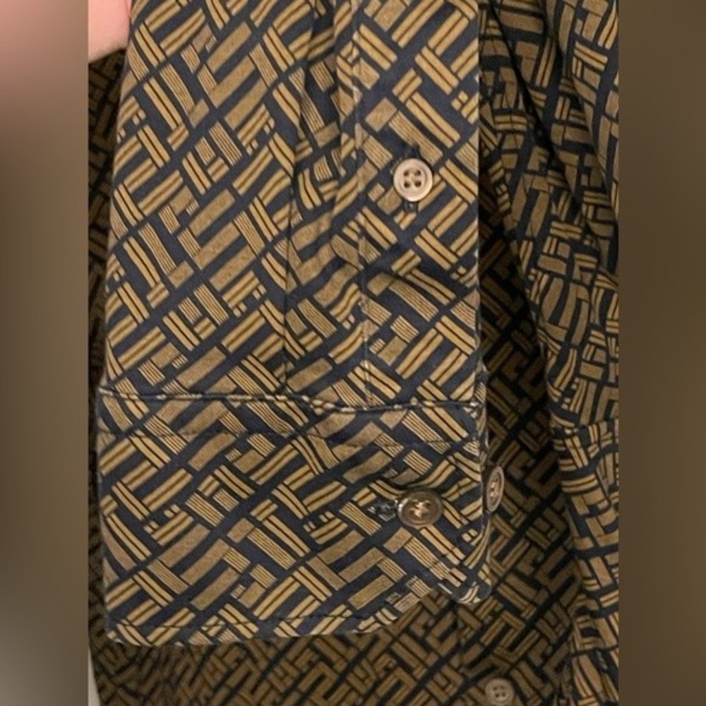 Murano Liquid Luxury Slim Fit Geometric Button Up Navy Blue Brown size M - Picture 6 of 13